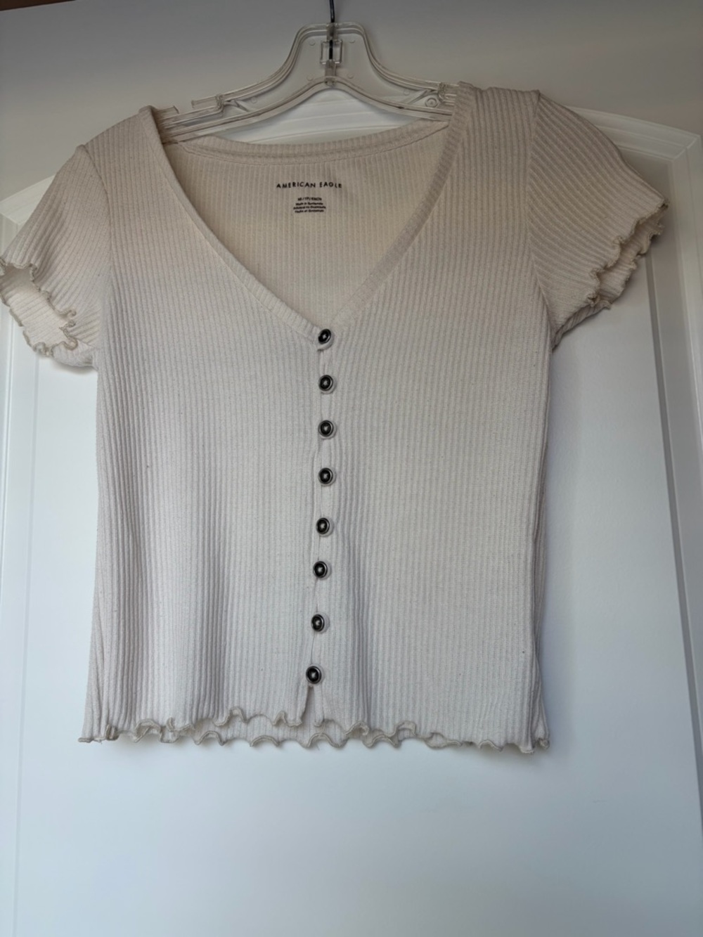 American Eagle Outfitters Cream Ribbed Button-Front V-Neck Top